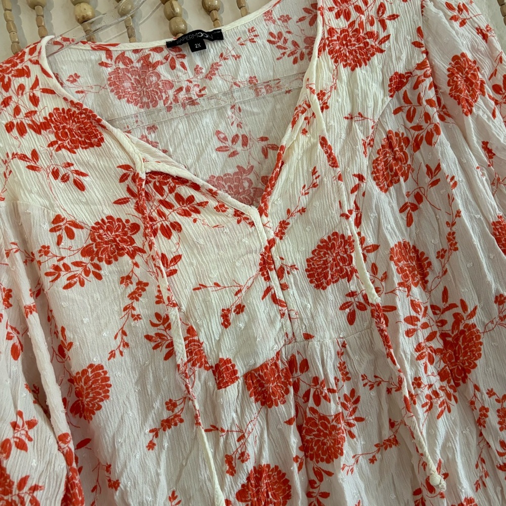 Papermoon White Boho Peasant Country Floral Swiss Dot Flowy Short Sleeve Blouse - Picture 3 of 7